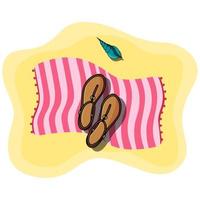 illustration vectorielle de serviette de plage rose portant sur le sable avec des sandales de chaussures femmes et coquillage sur le dessus. plage de sable. accessoires d'été vecteur