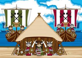 dessin animé viking guerriers sur le plage avec chaloupes norrois histoire illustration vecteur