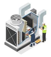 ingénieur et technicien entretien un service HVAC industriel grand chauffage ventilation et air conditionnement système diagramme isométrique illustration dessin animé vecteur