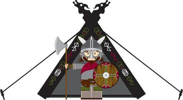 mignonne dessin animé viking guerrier et tente norrois histoire illustration vecteur