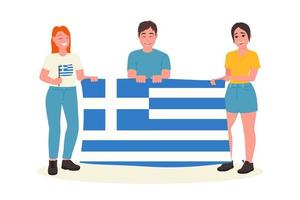 souriant des gamins avec gros drapeau de Grèce, grec indépendance journée fête carte, abstrait arrière-plan, vecteur