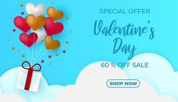 bannière de réduction de vente Saint Valentin. vecteur de vente discount. affiche de l'offre spéciale avec des ballons coeur, étiquette de prix, fond festif.