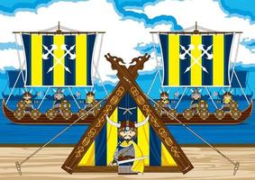 dessin animé viking guerrier sur le plage avec chaloupes norrois histoire illustration vecteur