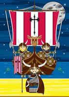 mignonne dessin animé viking guerriers et chaloupe norrois histoire illustration vecteur