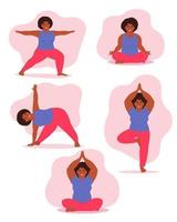 ensemble de bbw yoga pose. une plein fille est engagé dans les asanas, gymnastique. vigoureux activité pour santé, la flexibilité, équilibre. vecteur graphique.