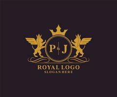 initiale p j lettre Lion Royal luxe héraldique, crête logo modèle dans vecteur art pour restaurant, royalties, boutique, café, hôtel, héraldique, bijoux, mode et autre vecteur illustration.