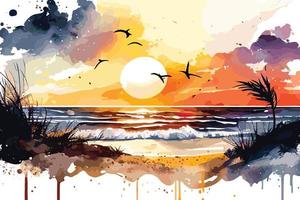 aquarelle le coucher du soleil à le plage illustration pour social médias les publicités, affiches, bannières, et livre couvertures conception vecteur