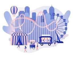 amusement parc concept. minuscule gens avec carrousels, rouleau Coaster, air ballon, cirque, amusement juste et carnaval. moderne plat dessin animé style. vecteur illustration