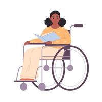 noir femme dans fauteuil roulant avec livre. en lisant, littérature, enseignement. école professeur, bibliothécaire, affaires femme vecteur
