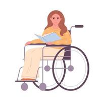 femme dans fauteuil roulant avec livre. en lisant, littérature, enseignement. école professeur, bibliothécaire, affaires femme. vecteur