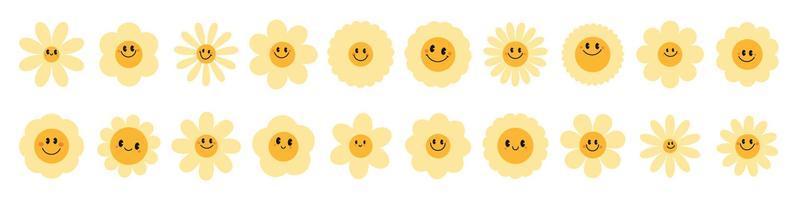 Marguerite emoji fleurs.rétro camomille sourit dans dessin animé style. content autocollants ensemble de années 70. vecteur graphique illustration