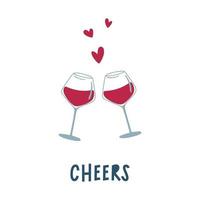 du vin journée. deux des lunettes de rouge vin, cœurs et grillage mot à votre santé. minimaliste style salutation carte. vecteur illustration.
