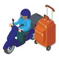 livraison un service icône isométrique vecteur. homme moto livraison courrier et valise vecteur