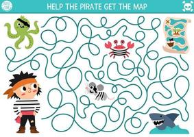 pirate Labyrinthe pour enfants. Trésor chasser préscolaire imprimable activité avec mignonne raider capitaine, pieuvre, rat, requin, crabe. mer aventures labyrinthe Jeu ou puzzle. Aidez-moi le pirate avoir le carte vecteur