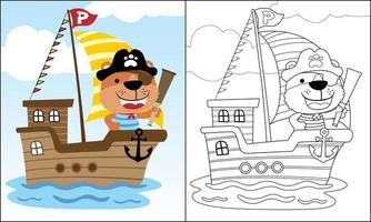 marrant chat dessin animé dans pirate costume sur voilier dans le mer, coloration livre ou page vecteur