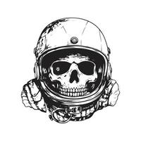 astronaute casque avec crâne, ancien logo concept noir et blanc couleur, main tiré illustration vecteur