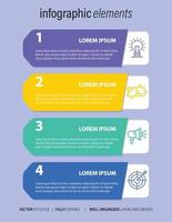 Le vecteur de conception infographie et les icônes de marketing peuvent être utilisés pour la mise en page du flux de travail, le diagramme, le rapport annuel, la conception de sites Web. concept d'entreprise avec 4 options, étapes ou processus.