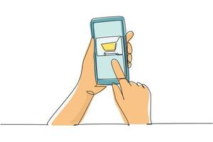 Mains de dessin continu d'une ligne tenant un smartphone avec une image de panier d'achat et un écran tactile. concept de mode de vie numérique, internet et gadgets. illustration graphique de vecteur de conception de dessin à une seule ligne