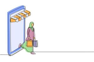 dessin d'une seule ligne femme arabe sortant de l'écran du smartphone de la canopée tenant des sacs à provisions. concept de mode de vie numérique et de consommation. ligne continue dessiner illustration vectorielle graphique de conception vecteur