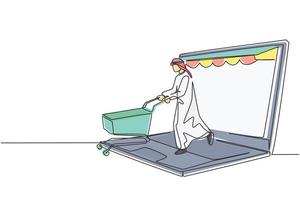 dessin continu d'une ligne jeune homme arabe sortant de l'écran d'ordinateur portable de la canopée poussant un caddie. vente, concept de consommation de style de vie numérique. illustration graphique de vecteur de conception de dessin à une seule ligne