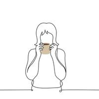 femme des stands avec une agresser à sa bouche en portant avec tous les deux mains - un ligne dessin vecteur. concept boisson café, thé, cacao vecteur