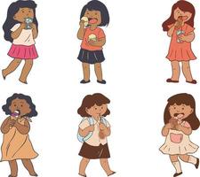 ensemble de mignonne peu africain américain les filles en mangeant la glace crème. vecteur illustration