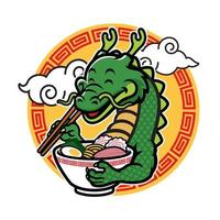 dessin animé dragon mascotte manger ramen vecteur