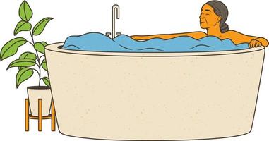 femme relaxant dans une baignoire. vecteur illustration dans griffonnage style.