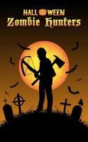 chasseur de zombies halloween avec arbalète au cimetière vecteur