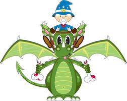 mignonne dessin animé magique sorcier et féroce vert dragon illustration vecteur