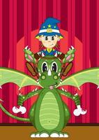 mignonne dessin animé magique sorcier et féroce vert dragon sur étape illustration vecteur