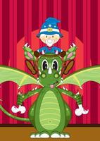 mignonne dessin animé magique sorcier et féroce vert dragon illustration vecteur