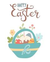 panier avec des oeufs de Pâques, des gâteaux et des plantes, des fleurs sur fond blanc. image vectorielle, carte postale dans un style plat sur fond blanc