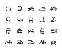 ensemble d'icônes de ligne de transport, voitures, train, avion, van, vélo, moto, bus, taxi, tuk tuk, quad, métro, transport public vecteur