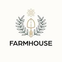 ferme maison vecteur logo conception. pelle et fleurs moderne logotype. jardinage et agriculture logo modèle.