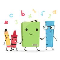 Crayon mignon, crayon, livre et règle l'école personnage marchant ensemble vecteur