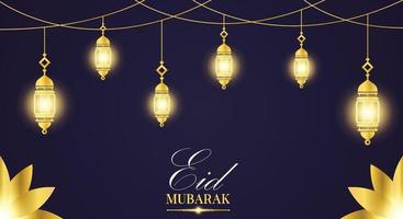 d'or eid mubarak bannière et affiche modèle avec illuminé lanternes islamique ornement et or fleur vecteur