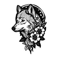 Loup avec fleurs, Loup diriger, Loup fleur tatouage vecteur