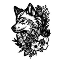 Loup avec fleurs, Loup diriger, Loup fleur tatouage vecteur