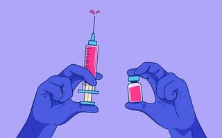 mains dans violet caoutchouc gants en portant seringue injection et vaccin vecteur