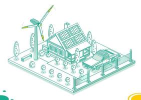 isométrique intelligent maison avec solaire panneaux, vent turbine et électrique transformateur. génération de vert énergie. durable renouvelable mode de vie. vert énergie industrie. vecteur