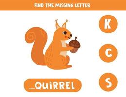 trouver disparu lettre avec mignonne dessin animé écureuil. orthographe feuille de travail. vecteur