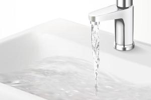 réaliste fermer de chrome lavabo robinet avec fonctionnement eau, isolé sur blanc arrière-plan, 3d illustration vecteur