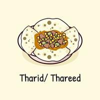 Tharid traditionnel arabe plat cuisine fabriqué de pièces de pain dans une légume ou Viande bouillon vecteur