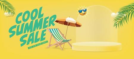 cool été vente offre bannière modèle avec produit podium, plage chaise, plate-forme chaise, parasol, plage parapluie, parasol vecteur