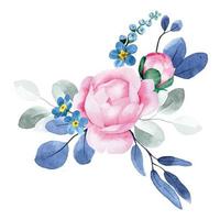 aquarelle dessin. bouquet de pivoine fleurs et eucalyptus feuilles. rose fleurs et bleu feuilles vecteur