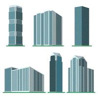 ensemble de six immeubles de grande hauteur modernes sur fond blanc. vue du bâtiment depuis le bas. illustration vectorielle isométrique. vecteur