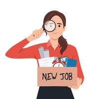 Jeune femme en utilisant grossissant des lunettes à la recherche pour une Nouveau emploi opportunité après avoir licencié. vecteur