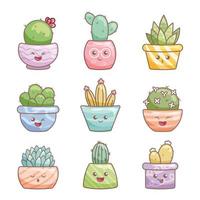 ensemble de cactus personnages dans pots de fleurs. kawaii cactus avec fleurs et pointes, mignonne succulent collection, désert les plantes vecteur