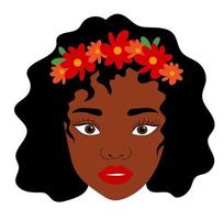 noir femme tête avec couronne fleurs. vecteur illustration de une noir fille avec frisé cheveux. affiche, carte postale, avatar.